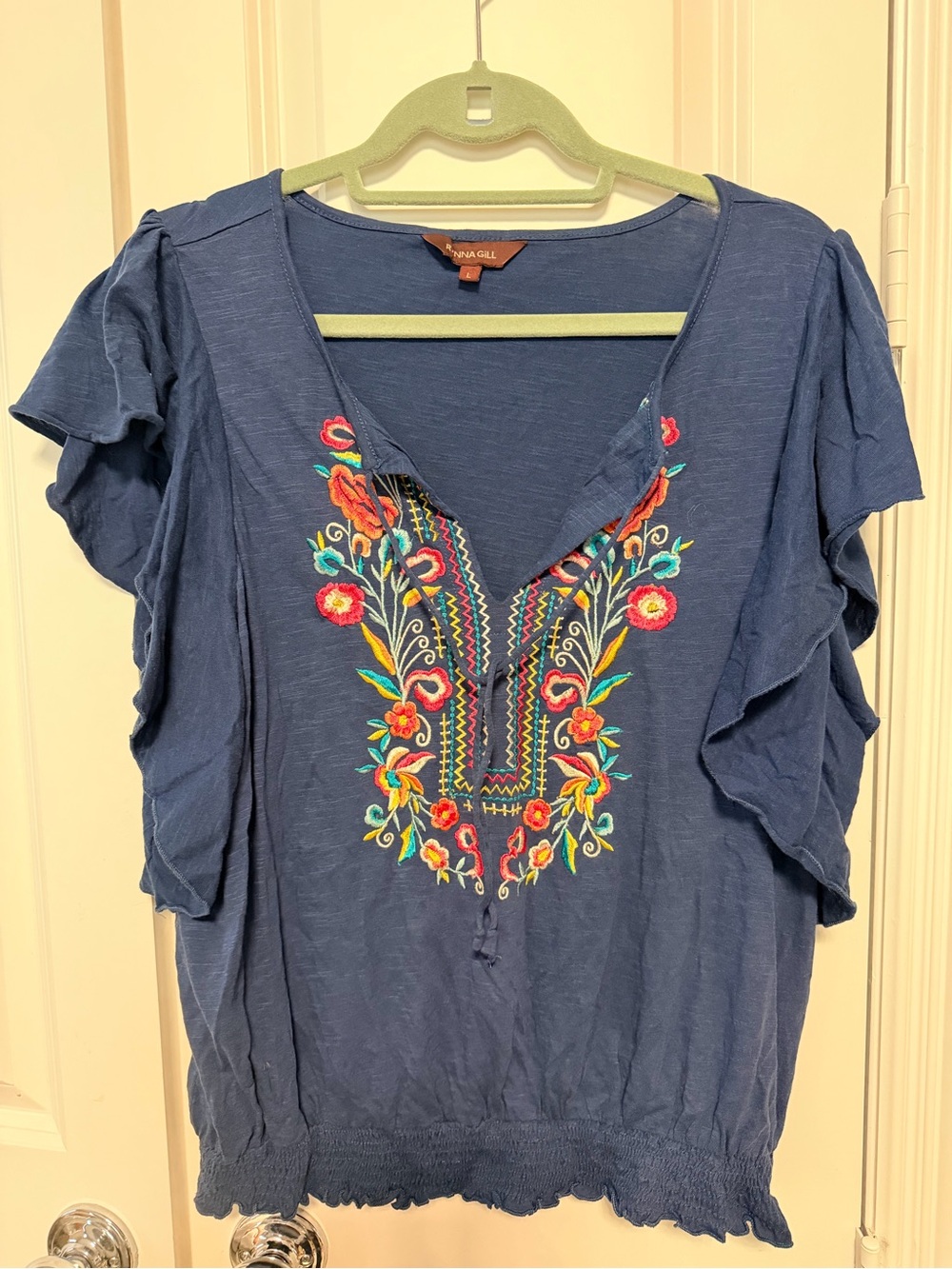 Ranna Gill Navy Embroidered Floral Peasant Top Sz L Boho Ruffle Sleeve